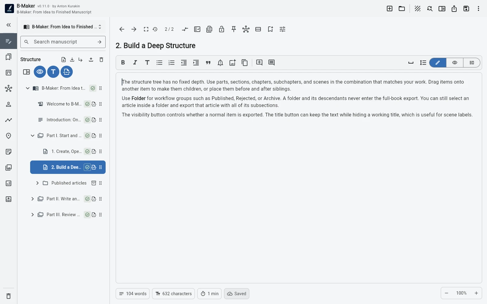 English B-Maker guide organized into sections and an articles folder