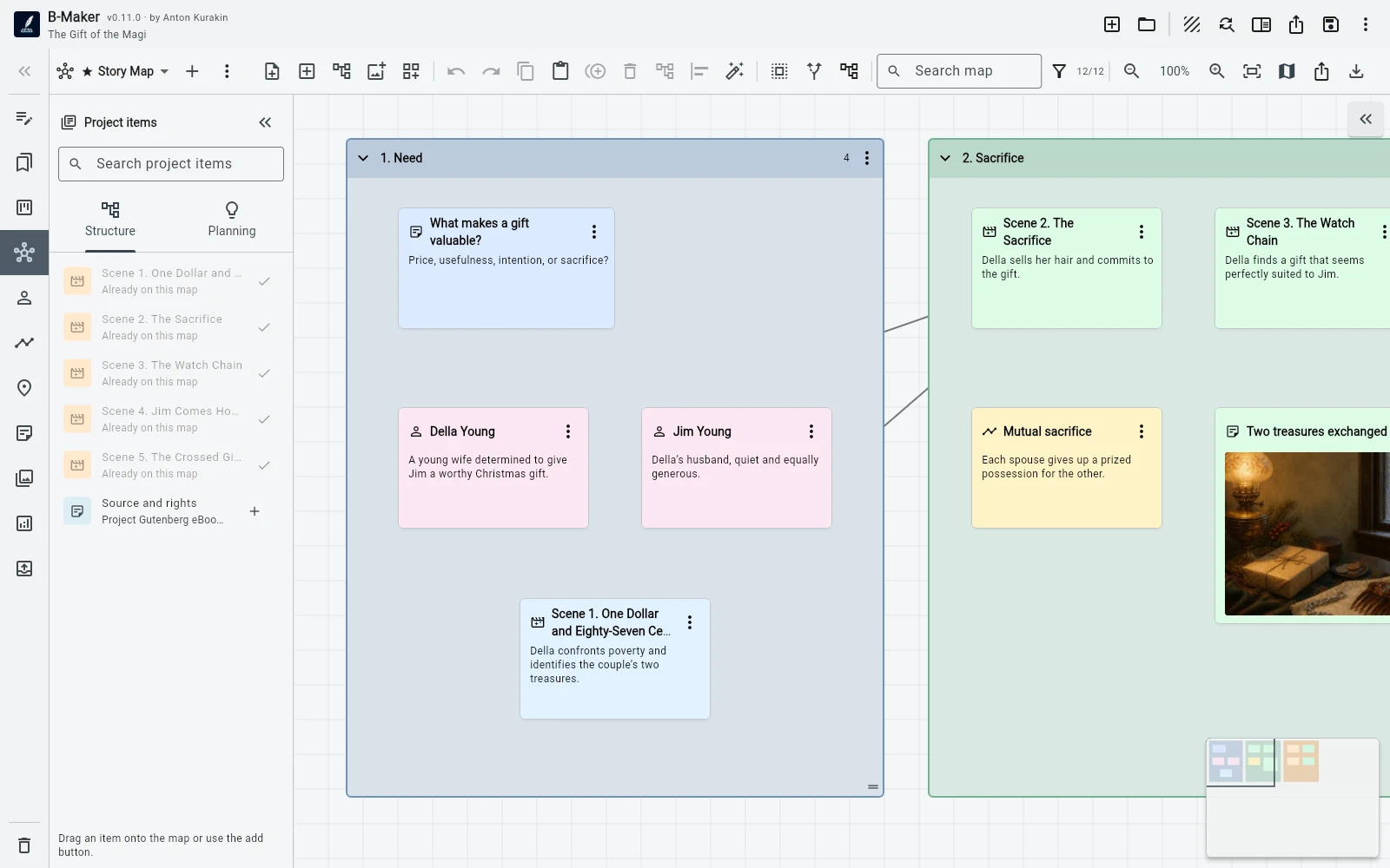 Idea map for The Gift of the Magi with groups, cards, and connections