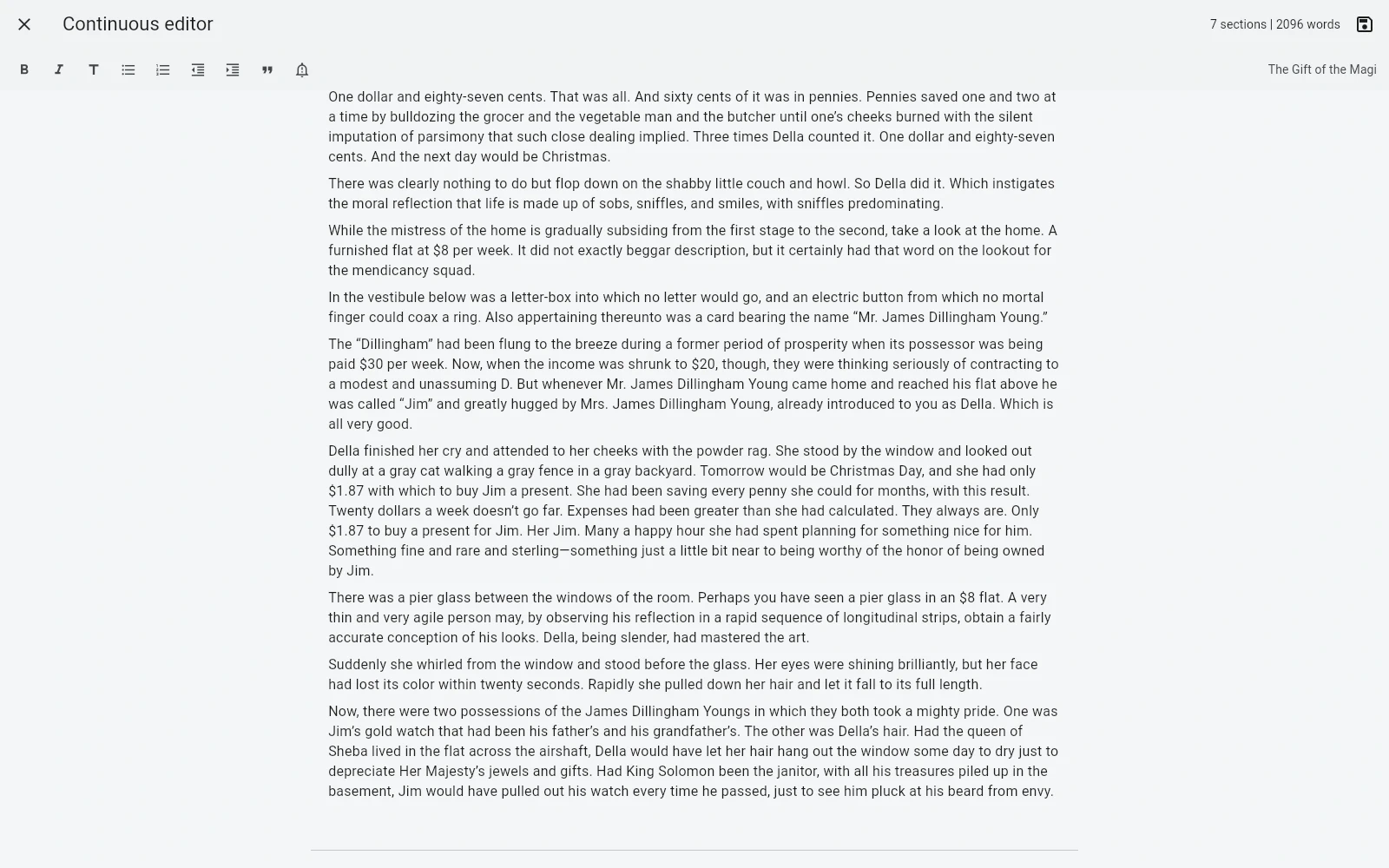 Continuous editor for The Gift of the Magi