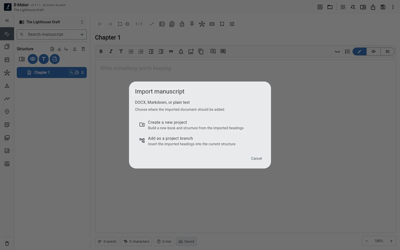 B-Maker import flow bringing an existing DOCX manuscript into a writing project
