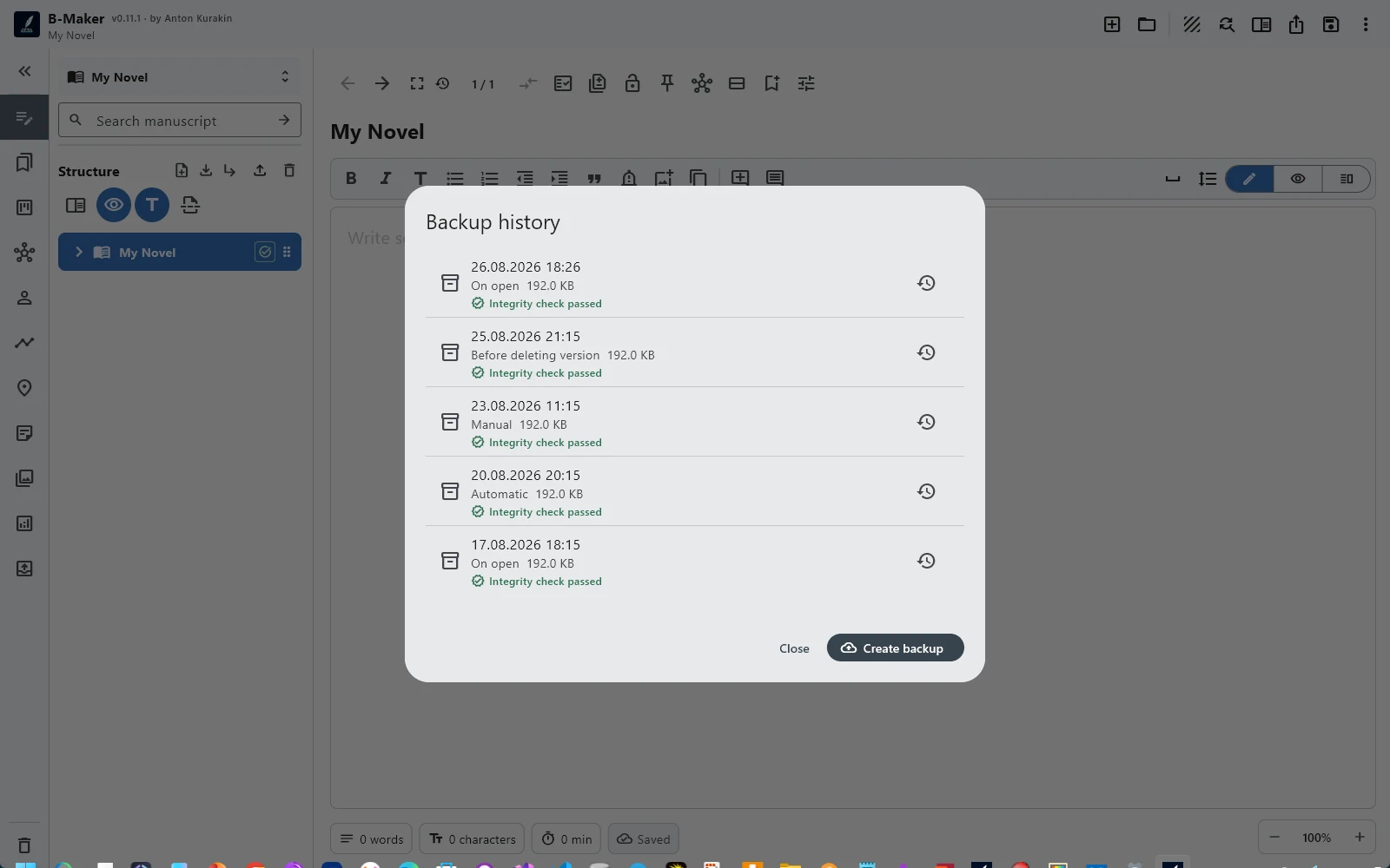 B-Maker backup history and integrity status