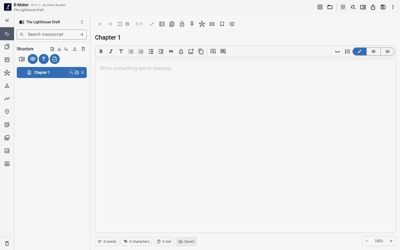 A minimal B-Maker project with one section ready for writing