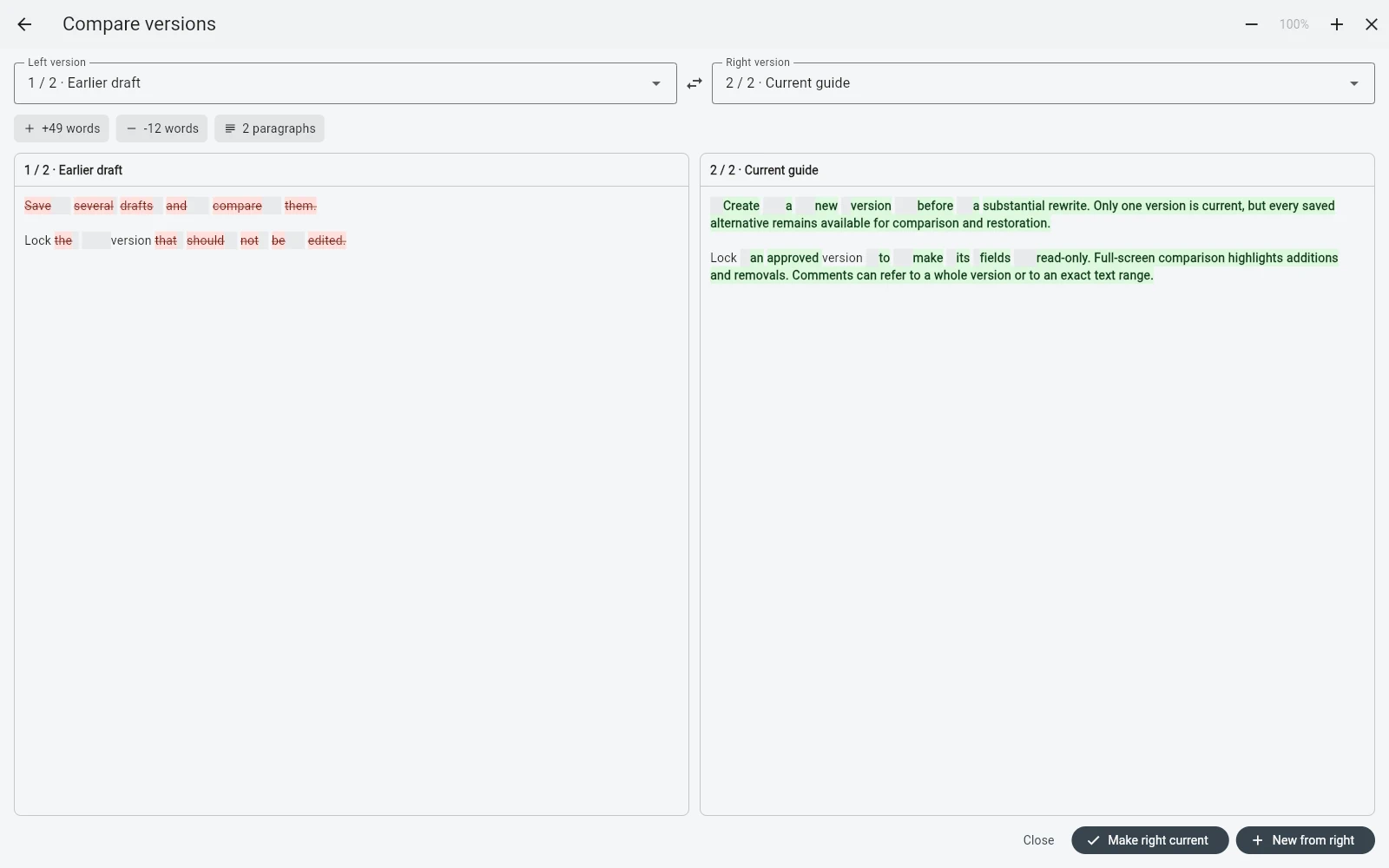 Full-screen comparison of two English text versions