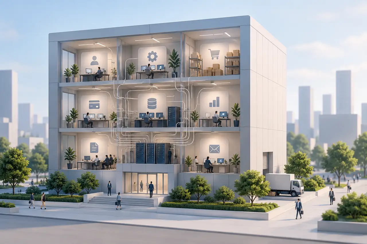Monolith illustrated as one building with connected departments
