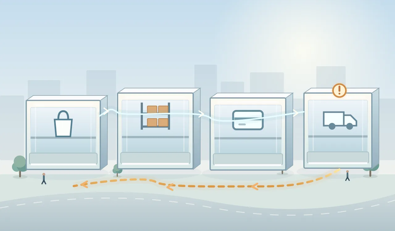 Order passing through several systems with a compensation route following a failed step